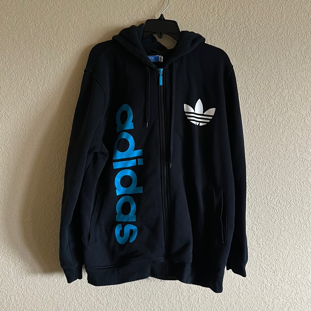 Adidas Originals Vintage Blue White and Black Zip Up Men’s Hoodie Size XL